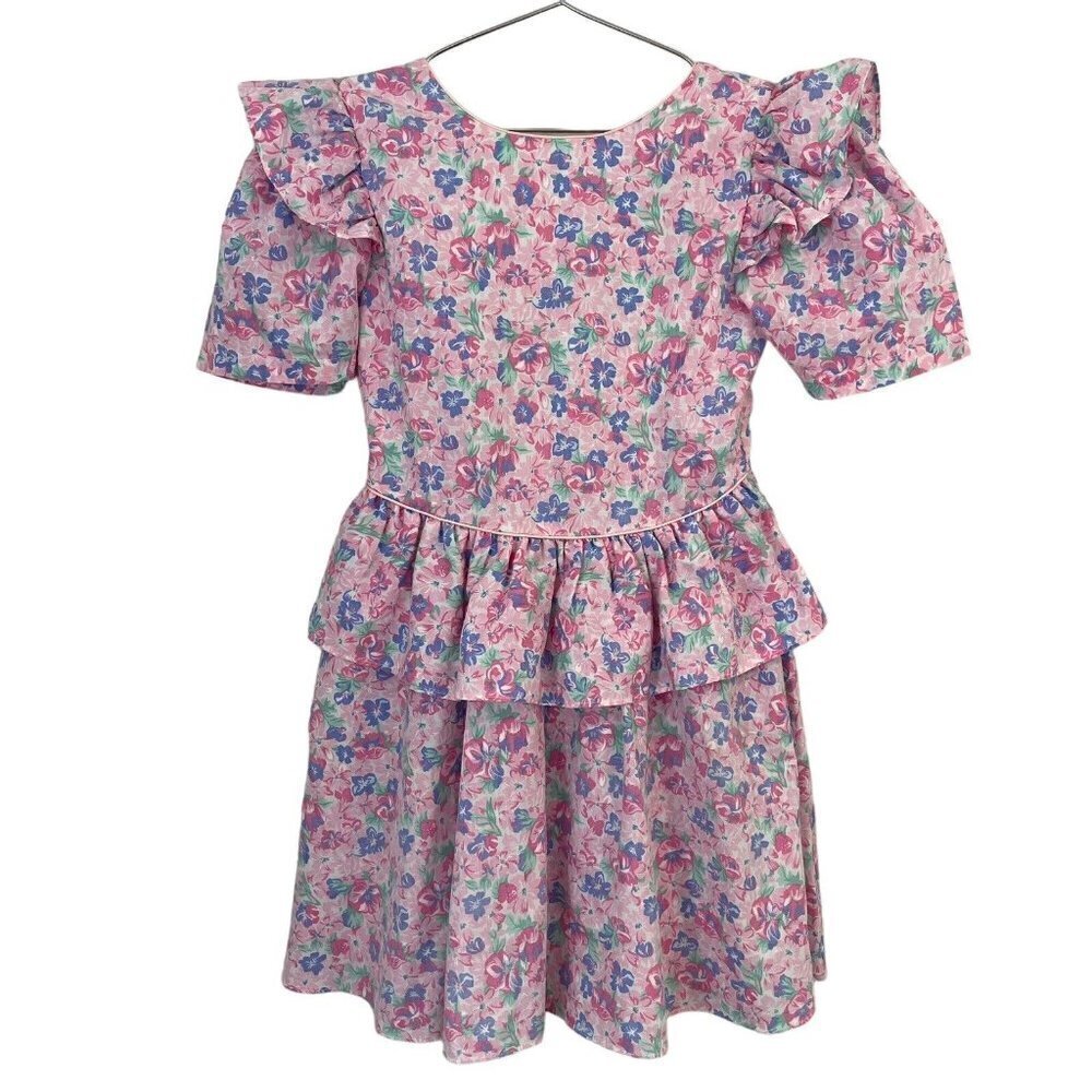 Vintage 80s/90s Floral Party Dress Girls L Pink Ruffle Easter Wedding Girly EUC